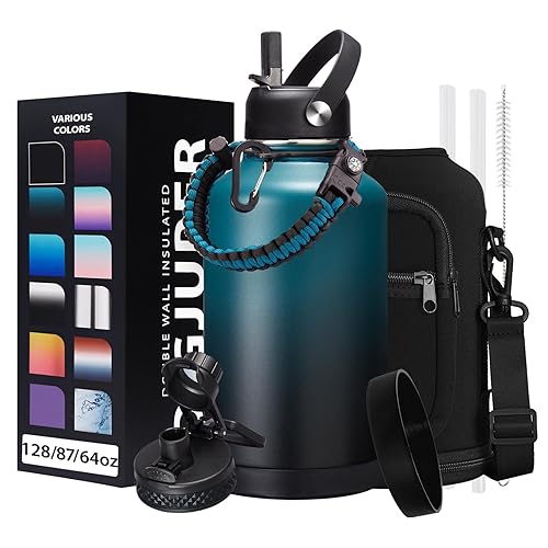 Half-gallon Insulated Water-Bottle with Straw - Stainless Steel Thermo Jug with Spout Straws Lids  Paracord Handle & Bottle Sleeve  64OZ Vacuum Thermo Bottle for Outdoor Working Camping Trip